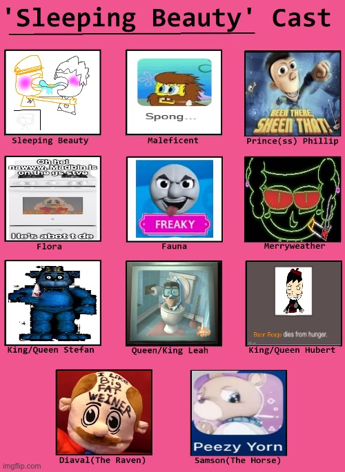 Me ruining cast memes just for fun | image tagged in sleeping beauty cast meme | made w/ Imgflip meme maker