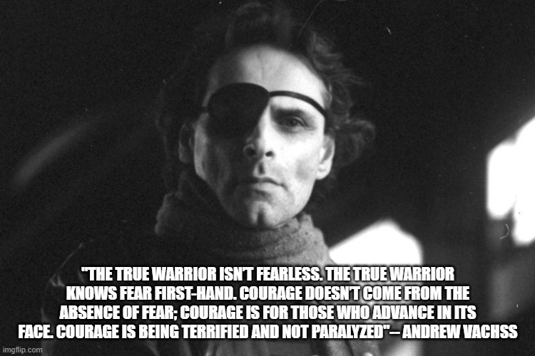 Andrew Vachss | "THE TRUE WARRIOR ISN’T FEARLESS. THE TRUE WARRIOR KNOWS FEAR FIRST-HAND. COURAGE DOESN’T COME FROM THE ABSENCE OF FEAR; COURAGE IS FOR THOSE WHO ADVANCE IN ITS FACE. COURAGE IS BEING TERRIFIED AND NOT PARALYZED"-- ANDREW VACHSS | image tagged in andrew vachss,courage,warrior,fear | made w/ Imgflip meme maker