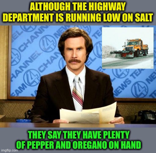 Breaking News | ALTHOUGH THE HIGHWAY DEPARTMENT IS RUNNING LOW ON SALT; THEY SAY THEY HAVE PLENTY OF PEPPER AND OREGANO ON HAND | image tagged in breaking news,winter | made w/ Imgflip meme maker