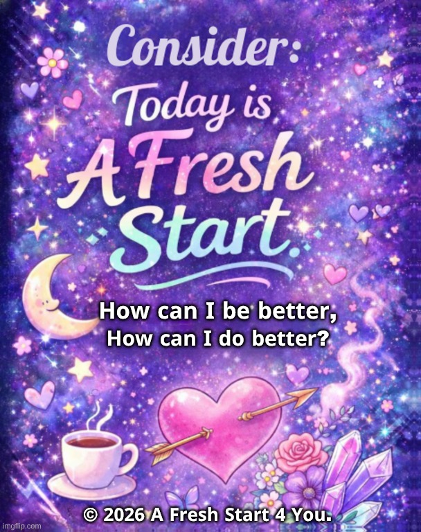 Today is a Fresh Start | 𝐇𝐨𝐰 𝐜𝐚𝐧 𝐈 𝐛𝐞 𝐛𝐞𝐭𝐭𝐞𝐫, 𝐇𝐨𝐰 𝐜𝐚𝐧 𝐈 𝐝𝐨 𝐛𝐞𝐭𝐭𝐞𝐫? © 𝟐𝟎𝟐𝟔 𝐀 𝐅𝐫𝐞𝐬𝐡 𝐒𝐭𝐚𝐫𝐭 𝟒 𝐘𝐨𝐮. | image tagged in today,fresh,better,it's time to start asking yourself the big questions meme | made w/ Imgflip meme maker