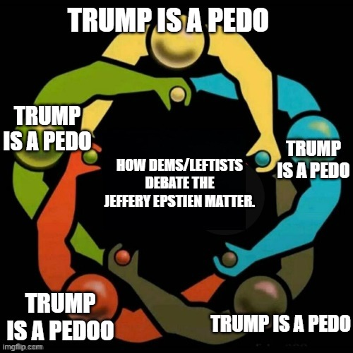 Another example of how dems/leftists debate. | TRUMP IS A PEDO TRUMP IS A PEDOO TRUMP IS A PEDO TRUMP IS A PEDO TRUMP IS A PEDO HOW DEMS/LEFTISTS DEBATE THE JEFFERY EPSTIEN MATTER. | image tagged in circle jerk,jeffrey epstein,donald trump,meme,political meme,political humor | made w/ Imgflip meme maker