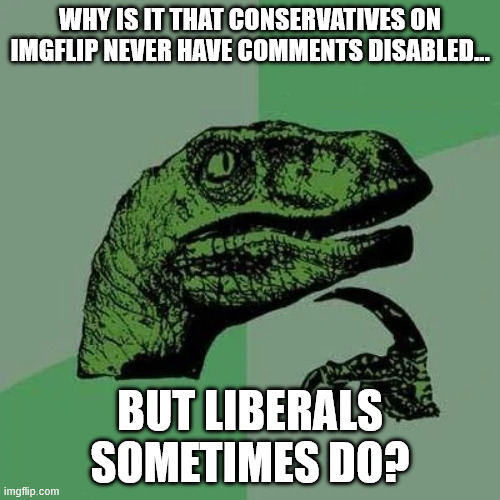 raptor asking questions | WHY IS IT THAT CONSERVATIVES ON IMGFLIP NEVER HAVE COMMENTS DISABLED... BUT LIBERALS SOMETIMES DO? | image tagged in raptor asking questions | made w/ Imgflip meme maker