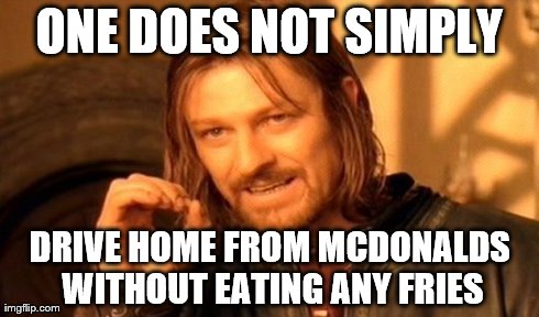 One Does Not Simply Meme | ONE DOES NOT SIMPLY DRIVE HOME FROM MCDONALDS WITHOUT EATING ANY FRIES | image tagged in memes,one does not simply | made w/ Imgflip meme maker