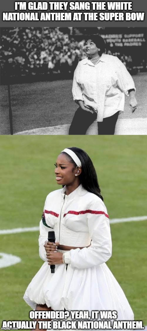 Black national anthem | I'M GLAD THEY SANG THE WHITE NATIONAL ANTHEM AT THE SUPER BOW; OFFENDED? YEAH, IT WAS ACTUALLY THE BLACK NATIONAL ANTHEM. | image tagged in roseanne barr national anthem,black national anthem,white national anthem | made w/ Imgflip meme maker