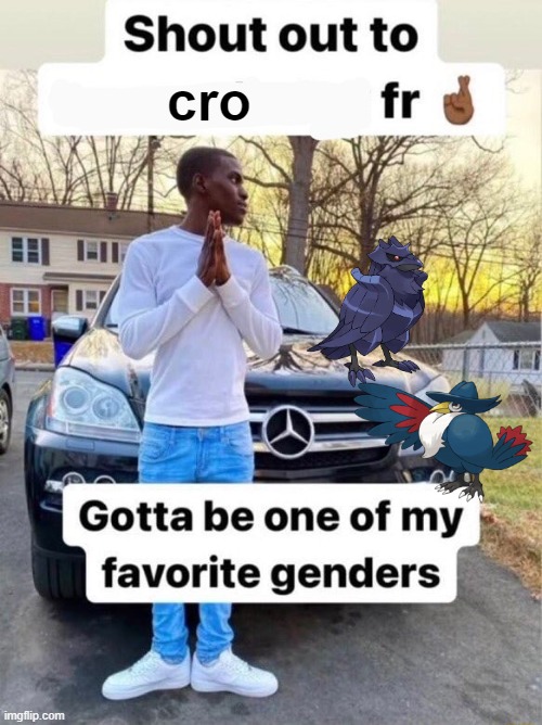 we need more corvid pokemon they need to make a magpie next | cro | image tagged in shout out to gotta be one of my favorite genders | made w/ Imgflip meme maker