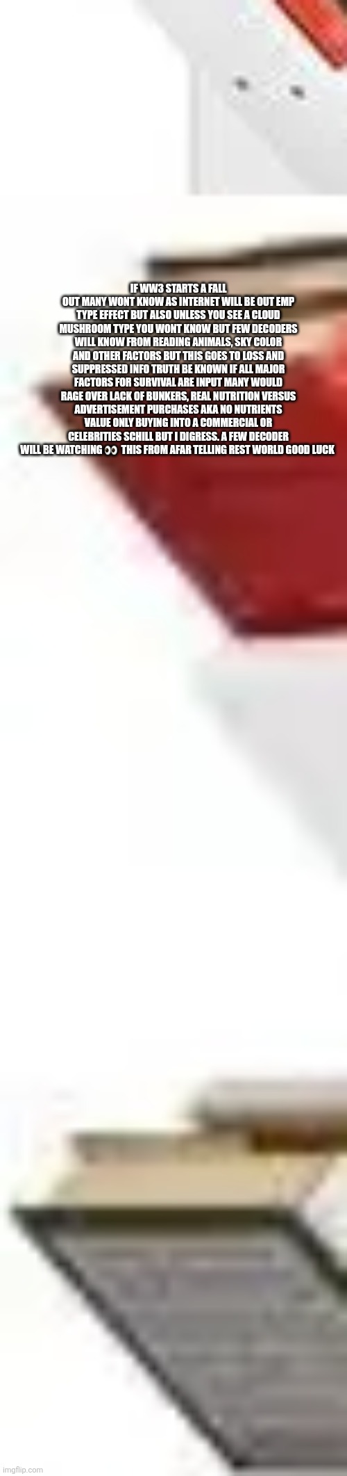 A Decoders view of WW3 | IF WW3 STARTS A FALL OUT MANY WONT KNOW AS INTERNET WILL BE OUT EMP TYPE EFFECT BUT ALSO UNLESS YOU SEE A CLOUD MUSHROOM TYPE YOU WONT KNOW BUT FEW DECODERS WILL KNOW FROM READING ANIMALS, SKY COLOR AND OTHER FACTORS BUT THIS GOES TO LOSS AND SUPPRESSED INFO TRUTH BE KNOWN IF ALL MAJOR FACTORS FOR SURVIVAL ARE INPUT MANY WOULD RAGE OVER LACK OF BUNKERS, REAL NUTRITION VERSUS ADVERTISEMENT PURCHASES AKA NO NUTRIENTS VALUE ONLY BUYING INTO A COMMERCIAL OR CELEBRITIES SCHILL BUT I DIGRESS. A FEW DECODER WILL BE WATCHING 👀  THIS FROM AFAR TELLING REST WORLD GOOD LUCK | image tagged in wtf,ww3 | made w/ Imgflip meme maker