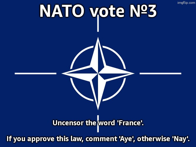 to join the Nato, just follow this stream -> https://imgflip.com/m/NATO | NATO vote №3; Uncensor the word 'France'.
 
If you approve this law, comment 'Aye', otherwise 'Nay'. | image tagged in nato flag | made w/ Imgflip meme maker