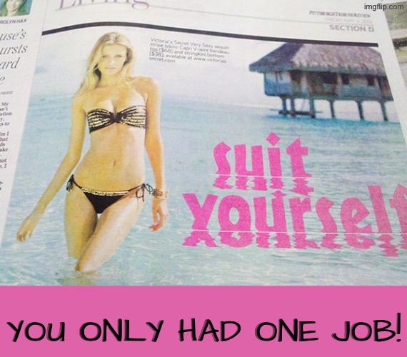 Suit Yourself Or Sh… | YOU ONLY HAD ONE JOB! | image tagged in you had one job,poopy pants,task failed successfully,design fails,what a terrible day to have eyes,bikini girls | made w/ Imgflip meme maker