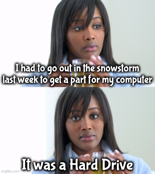 Things are tough all over | I had to go out in the snowstorm last week to get a part for my computer; It was a Hard Drive | image tagged in black woman drinking tea 2 panels,dad joke,computer nerd,jingle bells | made w/ Imgflip meme maker