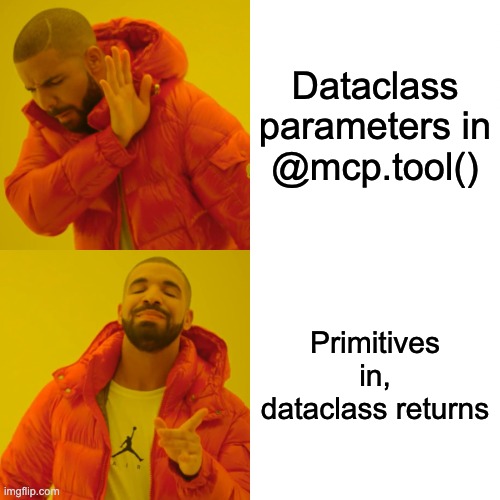 Drake disapproving: "Dataclass parameters in @mcp.tool()"  Drake approving: "Primitives in, dataclass returns"