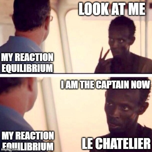 I am the Captain of Your Equilibrium Now | LOOK AT ME; MY REACTION
EQUILIBRIUM; I AM THE CAPTAIN NOW; MY REACTION
EQUILIBRIUM; LE CHATELIER | image tagged in memes,captain phillips - i'm the captain now,gen chem,equilibrium,le chatelier | made w/ Imgflip meme maker