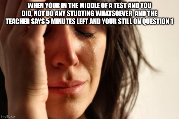 First World Problems Meme | WHEN YOUR IN THE MIDDLE OF A TEST AND YOU DID, NOT DO ANY STUDYING WHATSOEVER  AND THE TEACHER SAYS 5 MINUTES LEFT AND YOUR STILL ON QUESTION 1 | image tagged in memes,first world problems | made w/ Imgflip meme maker