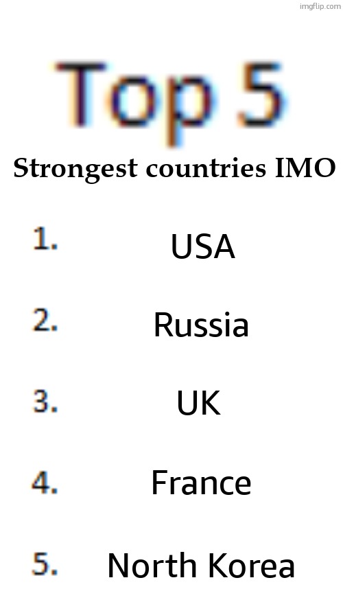 Top 5 List | Strongest countries IMO; USA; Russia; UK; France; North Korea | image tagged in top 5 list | made w/ Imgflip meme maker