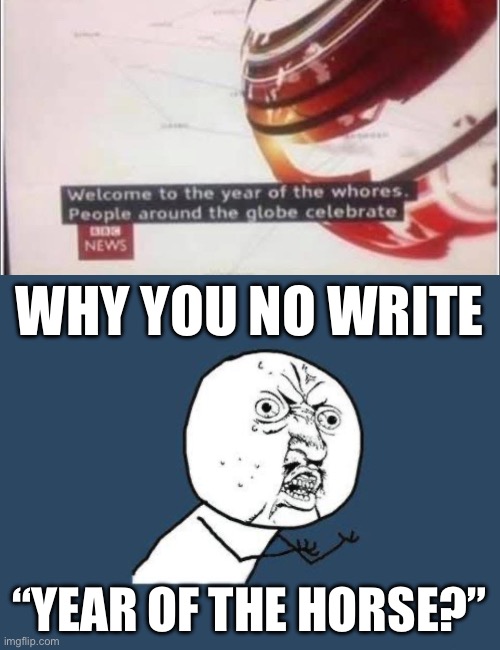 Year of the Whores? | WHY YOU NO WRITE; “YEAR OF THE HORSE?” | image tagged in why you no,horse,whores,typo,chinese new year | made w/ Imgflip meme maker