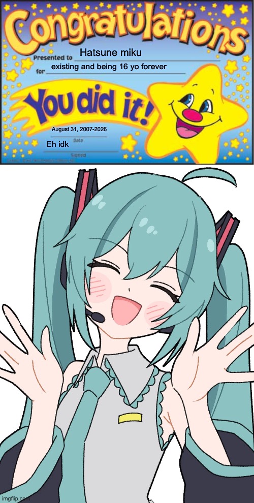 Hatsune miku; existing and being 16 yo forever; August 31, 2007-2026; Eh idk | image tagged in memes,happy star congratulations,happy miku | made w/ Imgflip meme maker