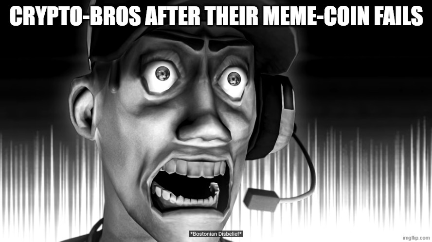 Disbelieving scout | CRYPTO-BROS AFTER THEIR MEME-COIN FAILS | image tagged in disbelieving scout,tf2,tf2 scout,cryptocurrency,crypto,relatable | made w/ Imgflip meme maker
