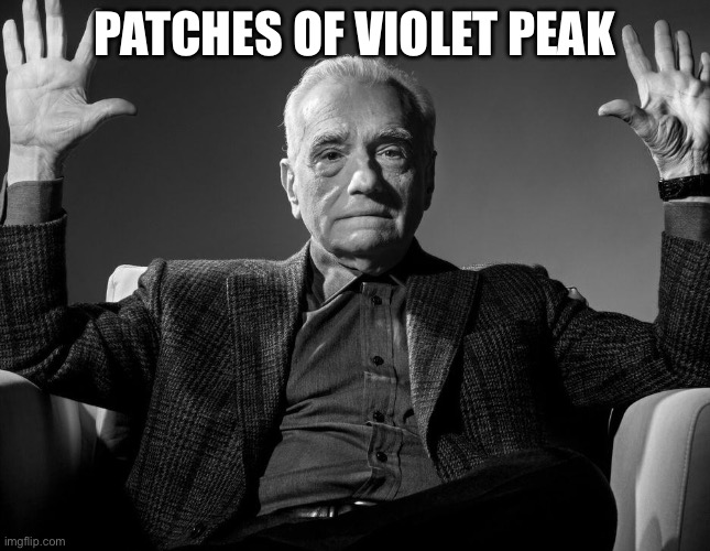 Link in comments | PATCHES OF VIOLET PEAK | image tagged in absolute cinema | made w/ Imgflip meme maker