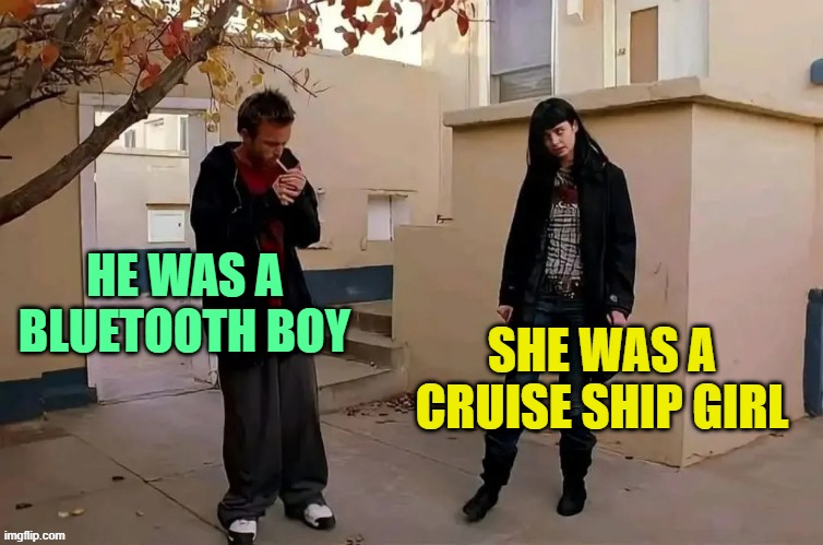 . | HE WAS A BLUETOOTH BOY; SHE WAS A CRUISE SHIP GIRL | image tagged in he was a boy she was a girl | made w/ Imgflip meme maker