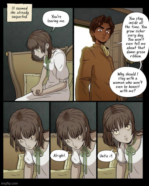 image tagged in sick,wife,green,ribbon,neck,untie | made w/ Imgflip meme maker