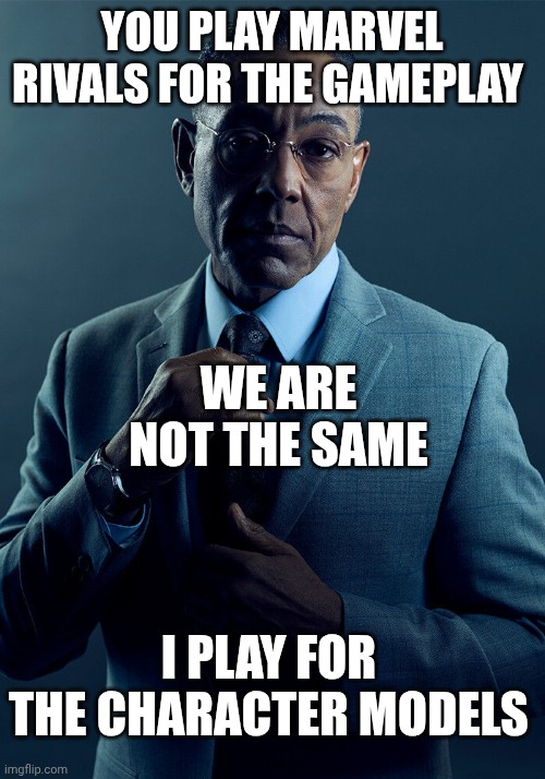 Gus Fring we are not the same | YOU PLAY MARVEL RIVALS FOR THE GAMEPLAY; WE ARE NOT THE SAME; I PLAY FOR THE CHARACTER MODELS | image tagged in gus fring we are not the same | made w/ Imgflip meme maker