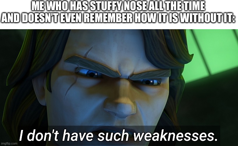I don't have such weaknesses Anakin | ME WHO HAS STUFFY NOSE ALL THE TIME AND DOESN’T EVEN REMEMBER HOW IT IS WITHOUT IT: | image tagged in i don't have such weaknesses anakin | made w/ Imgflip meme maker