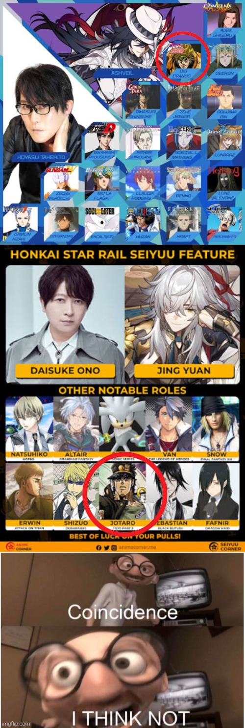 I can't wait to see another match from Jing Yuan vs. Ashveil! I mean Jotaro vs. Dio! | image tagged in coincidence i think not,honkai star rail,jojo,same voice actor | made w/ Imgflip meme maker