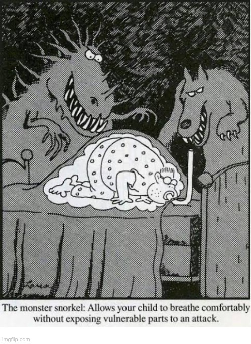 That’s all fine and dandy until a monster decides to blow into the hose and the kid pops like a big balloon… | image tagged in the far side,comics,monsters,snorkel,kid,breathe | made w/ Imgflip meme maker