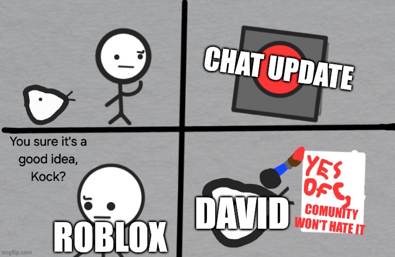 Bob, Kock, and button (example) | CHAT UPDATE; DAVID; COMUNITY WON'T HATE IT; ROBLOX | image tagged in bob kock and button,bob,button,funny,funny memes | made w/ Imgflip meme maker