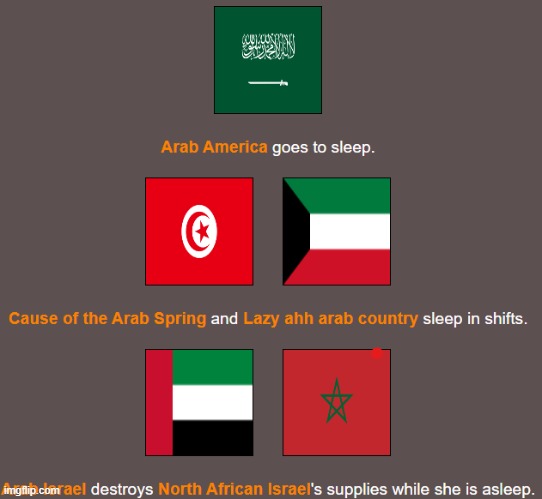 "Arab Israel destroys North African Israel's supplies while she is asleep." Freindly fire | made w/ Imgflip meme maker