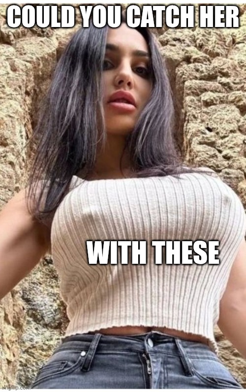 Seems difficult | COULD YOU CATCH HER; WITH THESE | image tagged in sexy women,big boobs | made w/ Imgflip meme maker