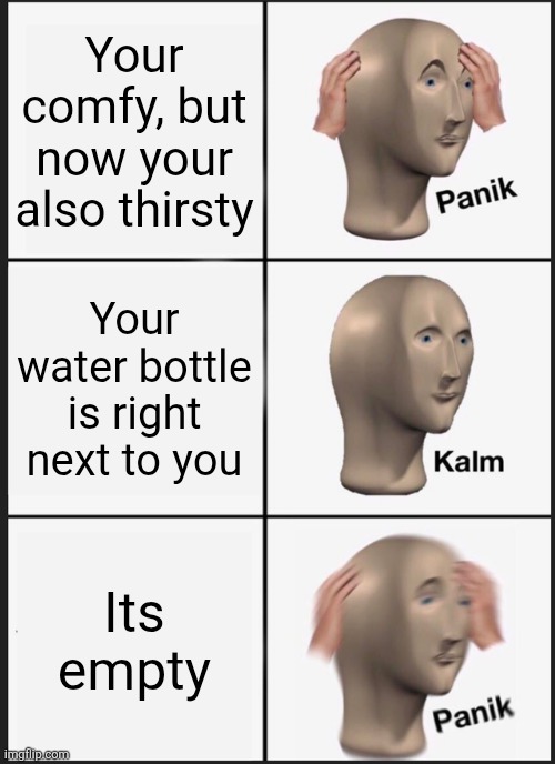 Who has had this happen to them? | Your comfy, but now your also thirsty; Your water bottle is right next to you; Its empty | image tagged in memes,water bottle,relatable,panik kalm panik | made w/ Imgflip meme maker