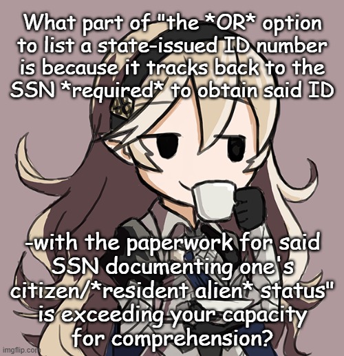 What part of "the *OR* option
to list a state-issued ID number
is because it tracks back to the
SSN *required* to obtain said ID -with the p | image tagged in corrin sipping tea | made w/ Imgflip meme maker