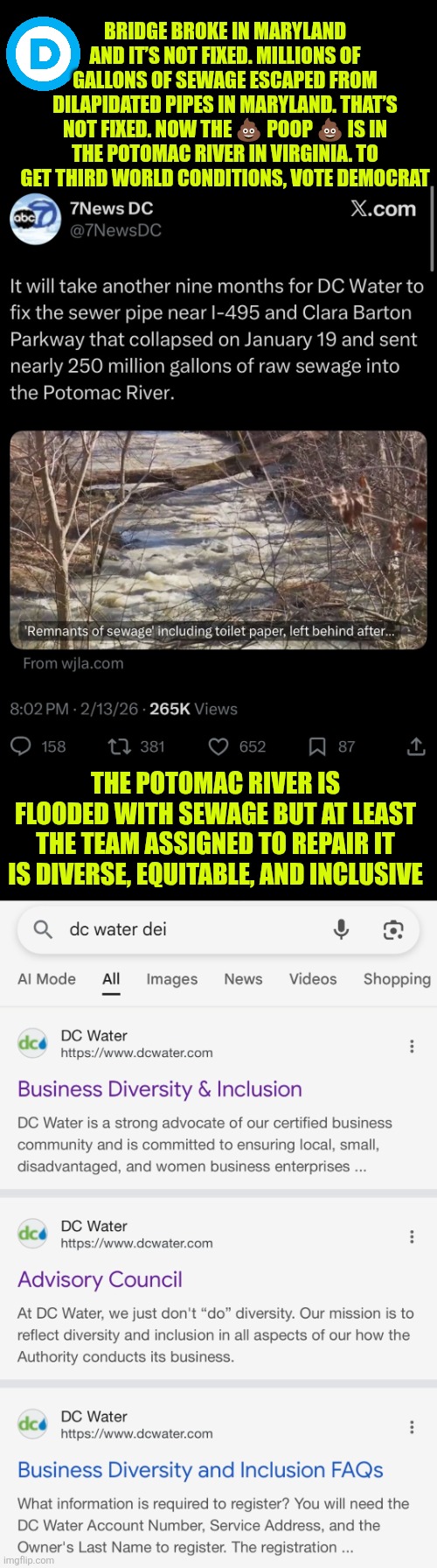 Vote Democrat = Potomac river flooded with  sewage | BRIDGE BROKE IN MARYLAND AND IT’S NOT FIXED. MILLIONS OF GALLONS OF SEWAGE ESCAPED FROM DILAPIDATED PIPES IN MARYLAND. THAT’S NOT FIXED. NOW THE 💩 POOP 💩 IS IN THE POTOMAC RIVER IN VIRGINIA. TO GET THIRD WORLD CONDITIONS, VOTE DEMOCRAT; THE POTOMAC RIVER IS FLOODED WITH SEWAGE BUT AT LEAST THE TEAM ASSIGNED TO REPAIR IT IS DIVERSE, EQUITABLE, AND INCLUSIVE | image tagged in democratic party,blue wave,sewage,dei,public health,washington dc | made w/ Imgflip meme maker