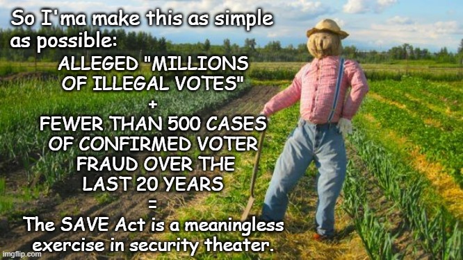 Well howdy, y'all, it's Socialism again and today's topic is distillation of an issue. | So I'ma make this as simple
as possible:; ALLEGED "MILLIONS
OF ILLEGAL VOTES"
+
FEWER THAN 500 CASES
OF CONFIRMED VOTER
 FRAUD OVER THE
LAST 20 YEARS
=
The SAVE Act is a meaningless
exercise in security theater. | image tagged in save act,voter fraud,security theater,inconvenient facts | made w/ Imgflip meme maker