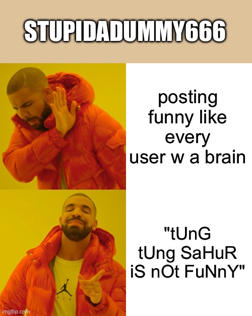 Drake Hotline Bling Meme | posting funny like every user w a brain "tUnG tUng SaHuR iS nOt FuNnY" STUPIDADUMMY666 | image tagged in memes,drake hotline bling | made w/ Imgflip meme maker