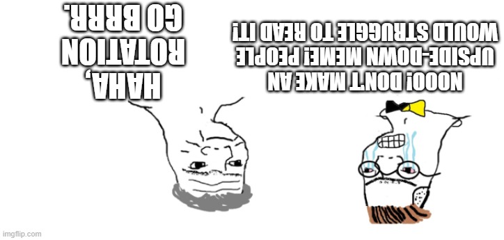 Upside-Down | HAHA, ROTATION GO BRRR. NOOO! DON'T MAKE AN UPSIDE-DOWN MEME! PEOPLE WOULD STRUGGLE TO READ IT! | image tagged in nooo haha go brrr,memes,upside-down | made w/ Imgflip meme maker