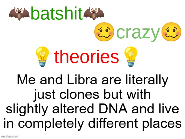 batshit crazy theories | Me and Libra are literally just clones but with slightly altered DNA and live in completely different places | image tagged in batshit crazy theories | made w/ Imgflip meme maker
