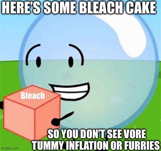 BFDI bubble with cake | HERE’S SOME BLEACH CAKE; Bleach; SO YOU DON’T SEE VORE TUMMY INFLATION OR FURRIES | image tagged in bfdi bubble with cake | made w/ Imgflip meme maker