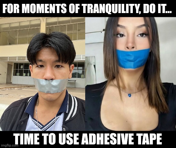 Tape gagged girl and man meme | FOR MOMENTS OF TRANQUILITY, DO IT... TIME TO USE ADHESIVE TAPE | image tagged in tapegags,meme | made w/ Imgflip meme maker