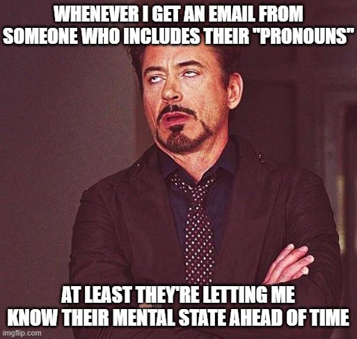 Robert Downey Jr Annoyed | WHENEVER I GET AN EMAIL FROM SOMEONE WHO INCLUDES THEIR "PRONOUNS" AT LEAST THEY'RE LETTING ME KNOW THEIR MENTAL STATE AHEAD OF TIME | image tagged in robert downey jr annoyed | made w/ Imgflip meme maker