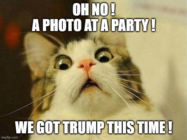 Scared Cat Meme | OH NO !
A PHOTO AT A PARTY ! WE GOT TRUMP THIS TIME ! | image tagged in memes,scared cat | made w/ Imgflip meme maker