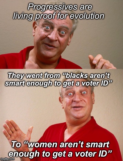 If first you don’t succeed, try to be stupid another way | Progressives are living proof for evolution; They went from “blacks aren’t smart enough to get a voter ID”; To “women aren’t smart enough to get a voter ID” | image tagged in classic rodney,politics lol,memes,progressives | made w/ Imgflip meme maker