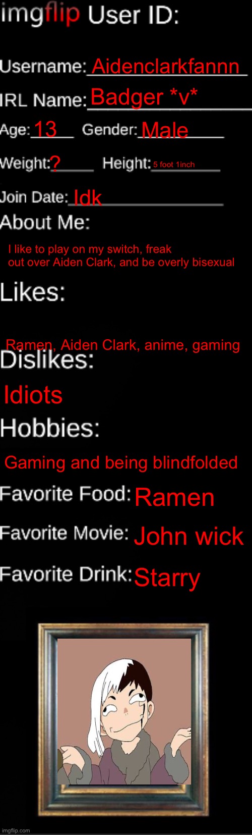 imgflip ID Card | Aidenclarkfannn; Badger *v*; 13; Male; ? 5 foot 1inch; Idk; I like to play on my switch, freak out over Aiden Clark, and be overly bisexual; Ramen, Aiden Clark, anime, gaming; Idiots; Gaming and being blindfolded; Ramen; John wick; Starry | image tagged in imgflip id card | made w/ Imgflip meme maker