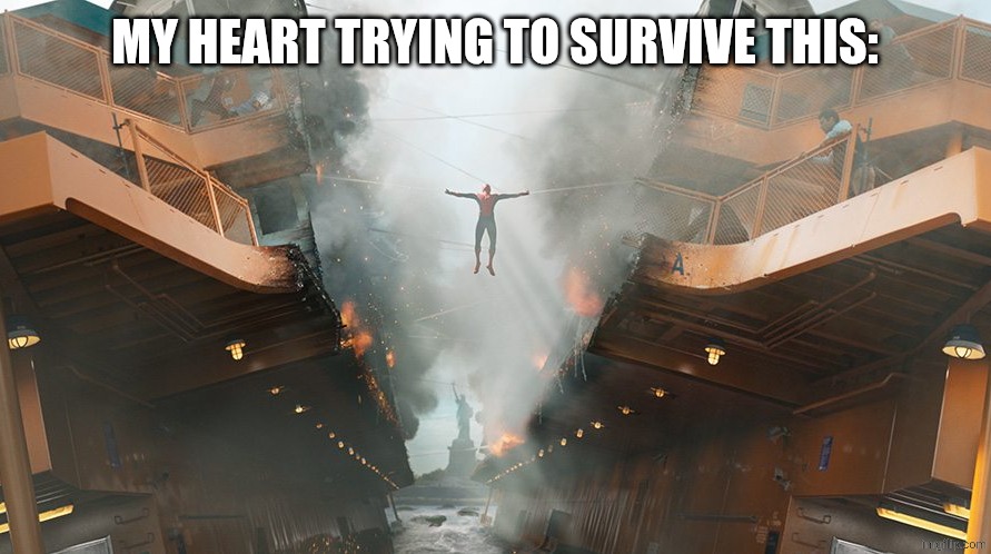 Spider holding the ferry | MY HEART TRYING TO SURVIVE THIS: | image tagged in spider holding the ferry | made w/ Imgflip meme maker