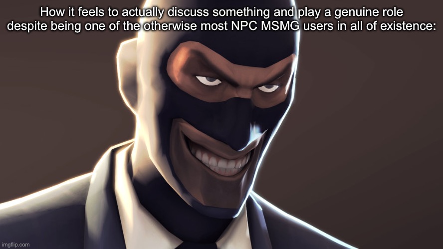 TF2 spy face | How it feels to actually discuss something and play a genuine role despite being one of the otherwise most NPC MSMG users in all of existence: | image tagged in tf2 spy face | made w/ Imgflip meme maker