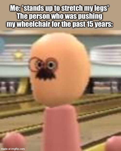dudydude | Me: *stands up to stretch my legs*
The person who was pushing my wheelchair for the past 15 years: | image tagged in dudydude | made w/ Imgflip meme maker