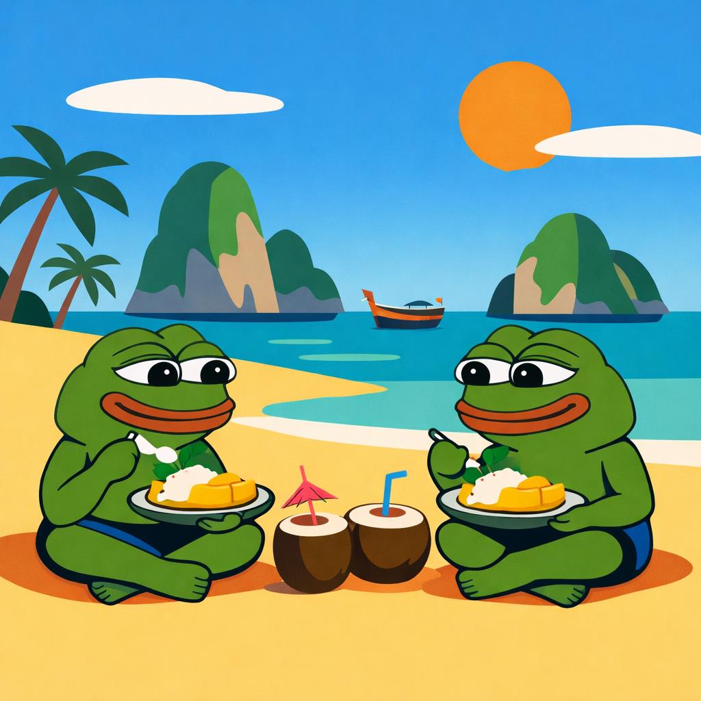 two pepe frog sitting on a beach in thailand eating coconut stic Blank Meme Template