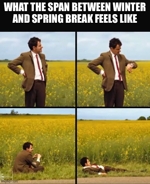 Teacher Humor | WHAT THE SPAN BETWEEN WINTER AND SPRING BREAK FEELS LIKE | image tagged in mr bean waiting | made w/ Imgflip meme maker