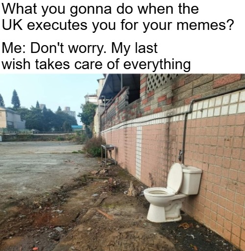What you gonna do when the UK executes you for your memes? Me: Don't worry. My last wish takes care of everything | image tagged in funny,uk,politics,free speech | made w/ Imgflip meme maker