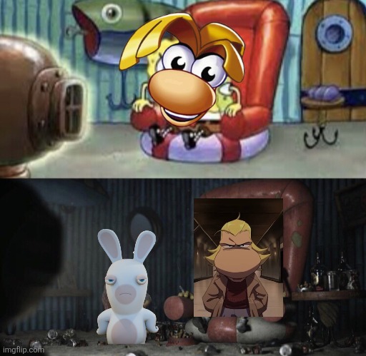 Happy Spongebob vs Depressed Spongebob | image tagged in happy spongebob vs depressed spongebob,rayman,rabbids,ramon,captain laserhawk,ubisoft | made w/ Imgflip meme maker
